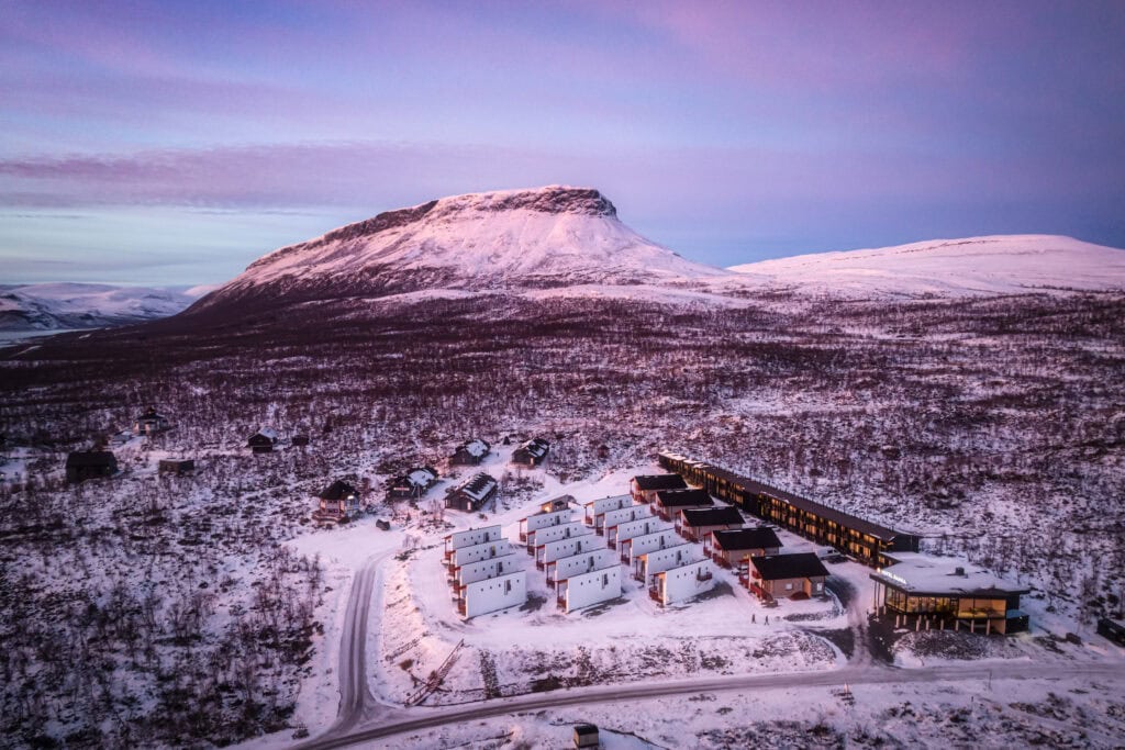 Aerial photo of Rakka and Saana fell during sunset in early winter