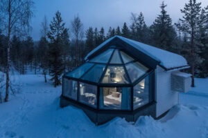Glass igloo outside in winter