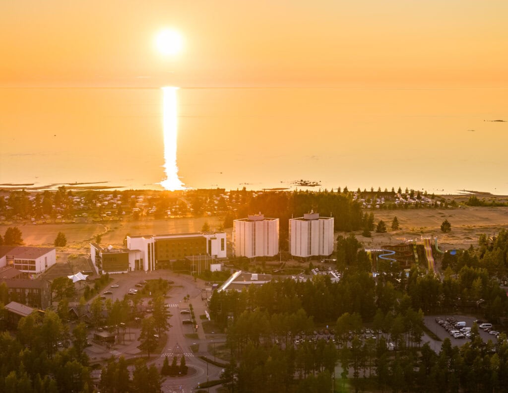 Aerial photo of Sani and the beach during sunset
