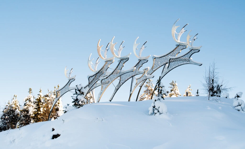 Reindeer statue outside Rovaniemi Airport in winter